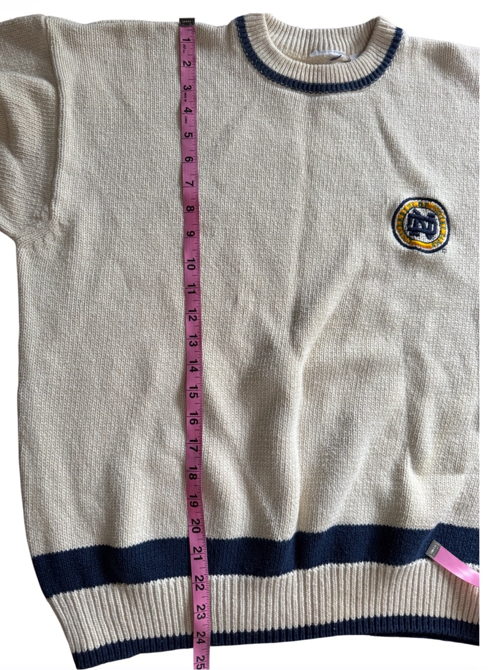 Notre Dame Vintage Men's Cream Knit Sweater with Navy Trim-Size L - Picture 7 of 10